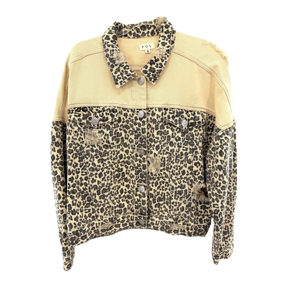 POL Leopard Print Distressed Denim Jacket‎ Tan Colorblock Oversized S Western - Picture 3 of 8